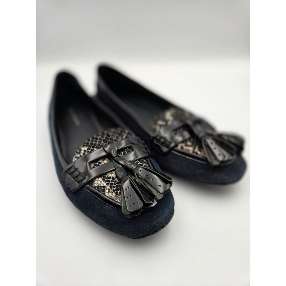 Elie Tahari Women’s Driving Flats 37.5-38 Navy Snakeskin Tassel Slip On Unworn